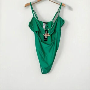 Boohoo Swimsuit Womens 12 Green One Piece Gold Trim Cut Out Strappy